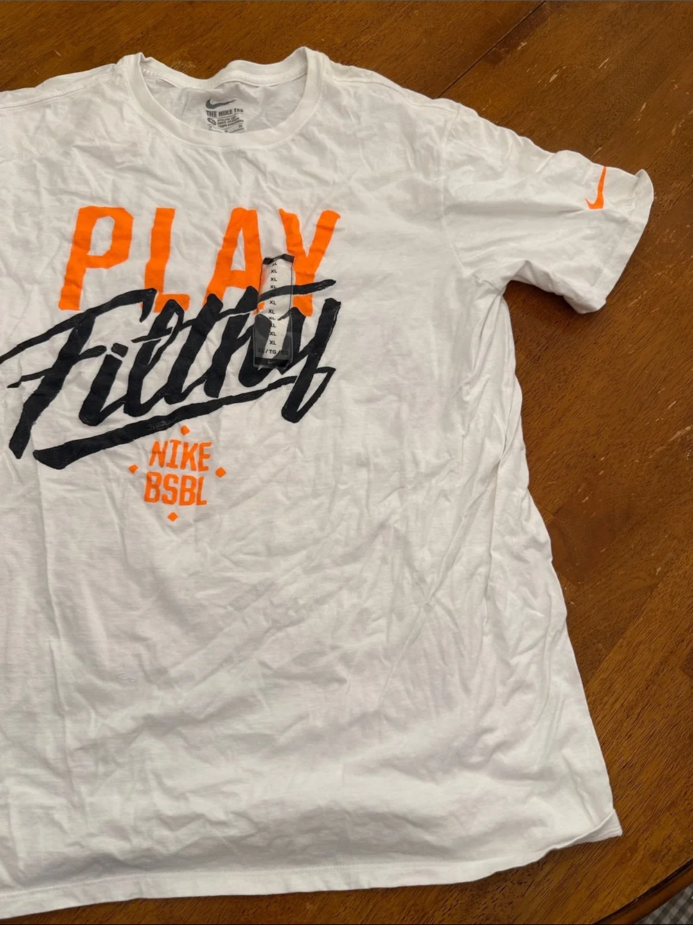 Nike White Graphic Tee with Orange and Black 'Play Filthy' Print xl